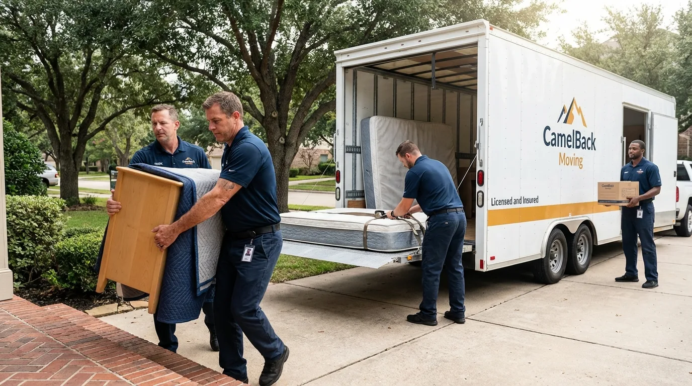 Crew loading residential truck for cross-state move from Arkansas City, KS