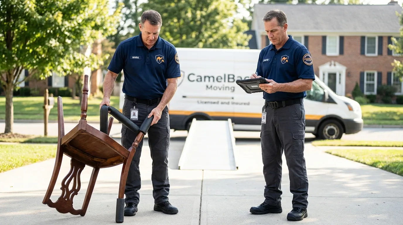 Movers inspecting furniture for damage prevention before loading in Arkansas City, KS