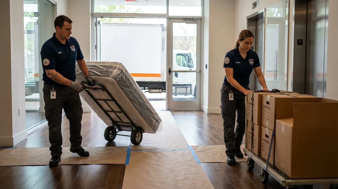 Professional apartment movers loading elevator in Arkansas City, KS