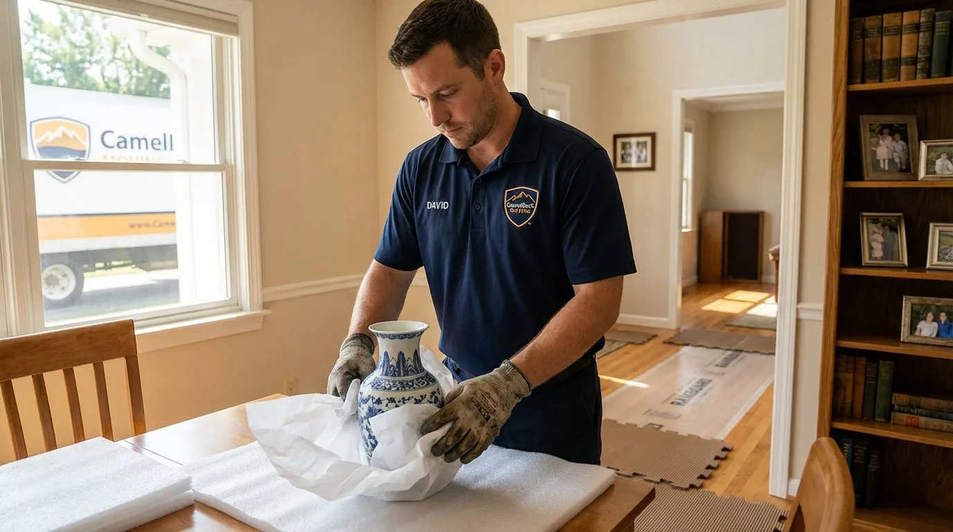 Professional crew carefully wrapping antique vase for senior downsizing move in Arkansas City, KS